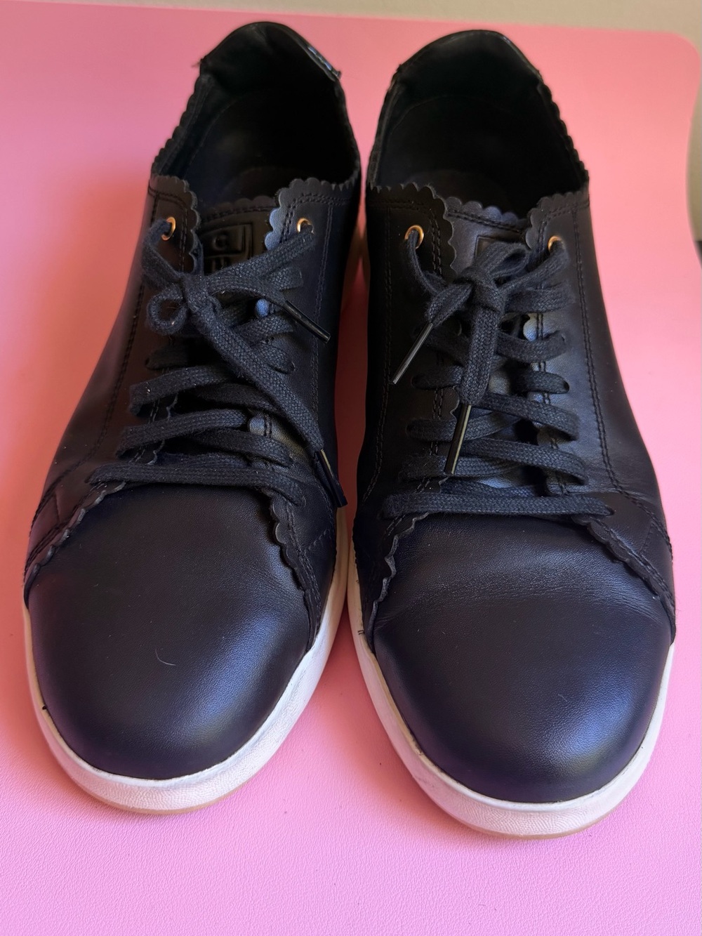 Cole Haan Grandseries Black Scalloped Leather Sneakers Leopard Heel 10.5B